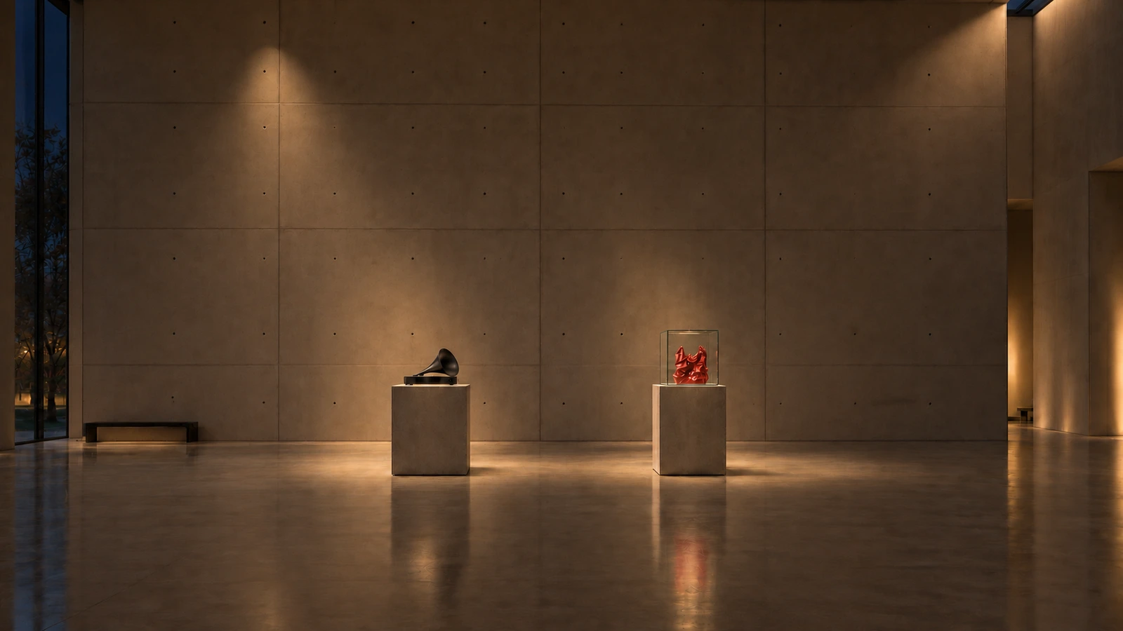 An empty, warmly illuminated concrete gallery at night. The small black Neinfeld horn Receiver stands on the left plinth; a clear glass box holds the red S&C plastic bag on the right.