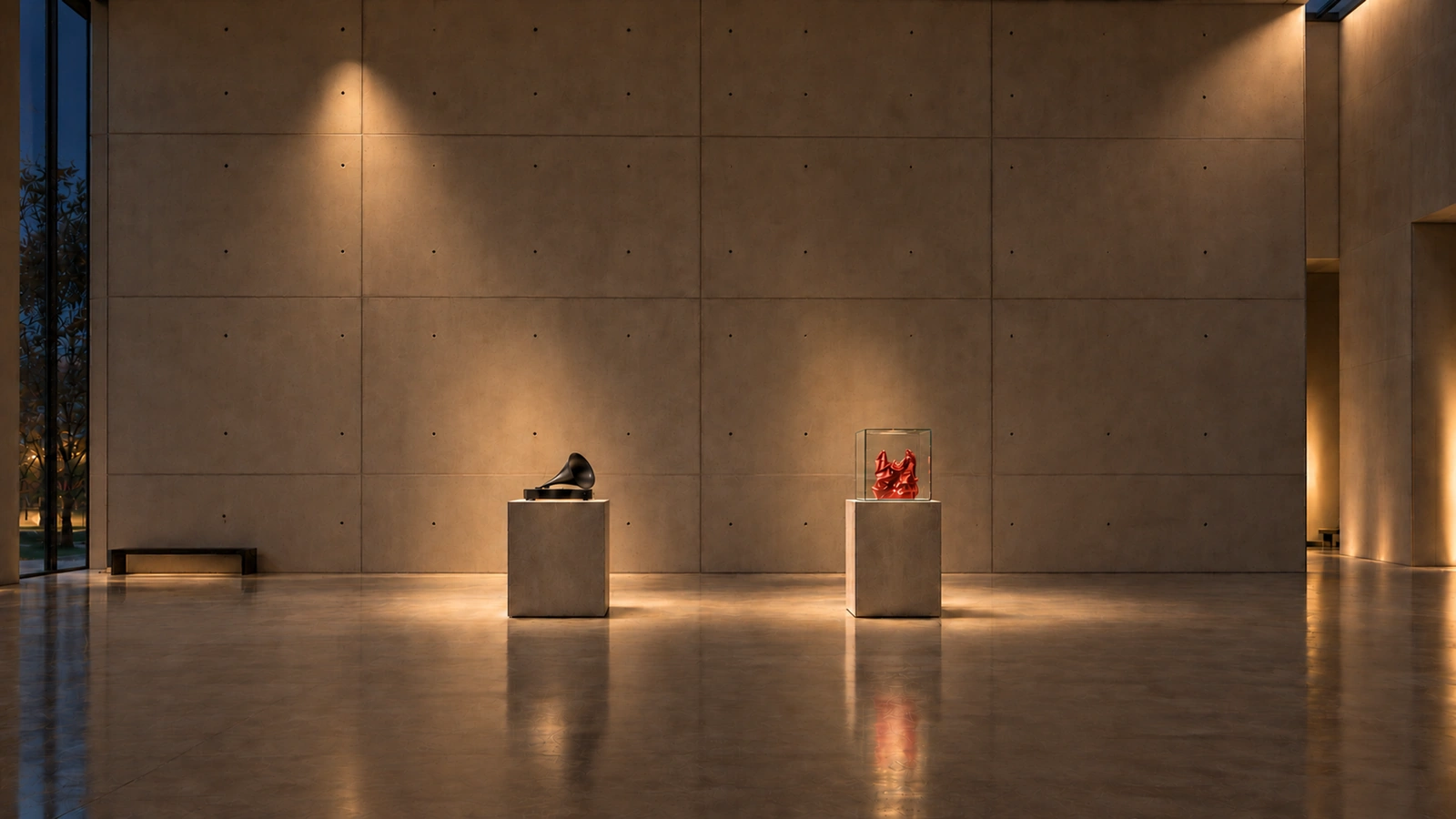 An empty, warmly illuminated concrete gallery at night. The small black Neinfeld horn Receiver stands on the left plinth; a clear glass box holds the red S&C plastic bag on the right.
